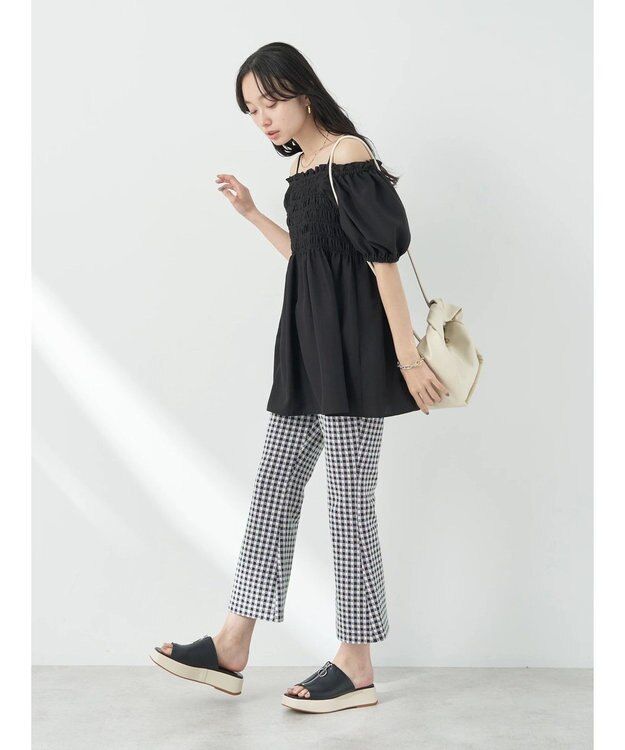 earth music&ecology ２ｗａｙショルダーシャーリングチュニック Black