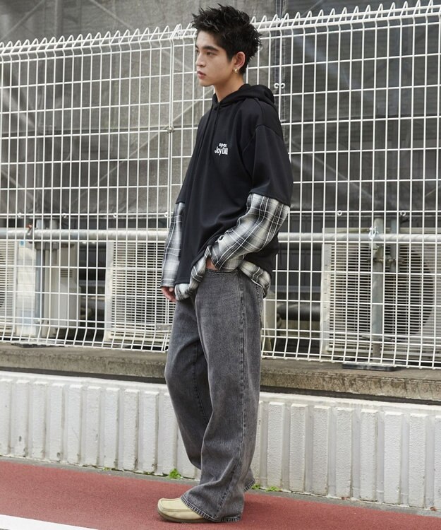 WEGO チェックレイヤードパーカー ブラック