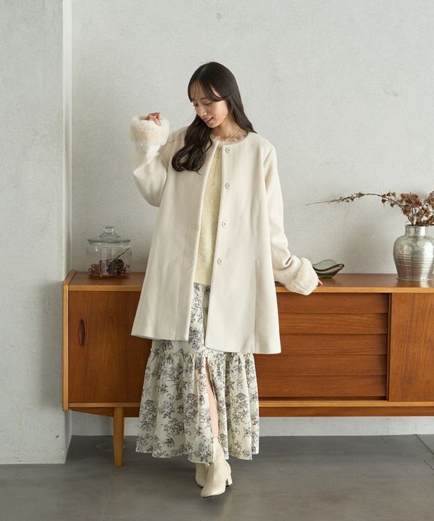 earth music&ecology ファーカフスノーカラーコート アイボリー