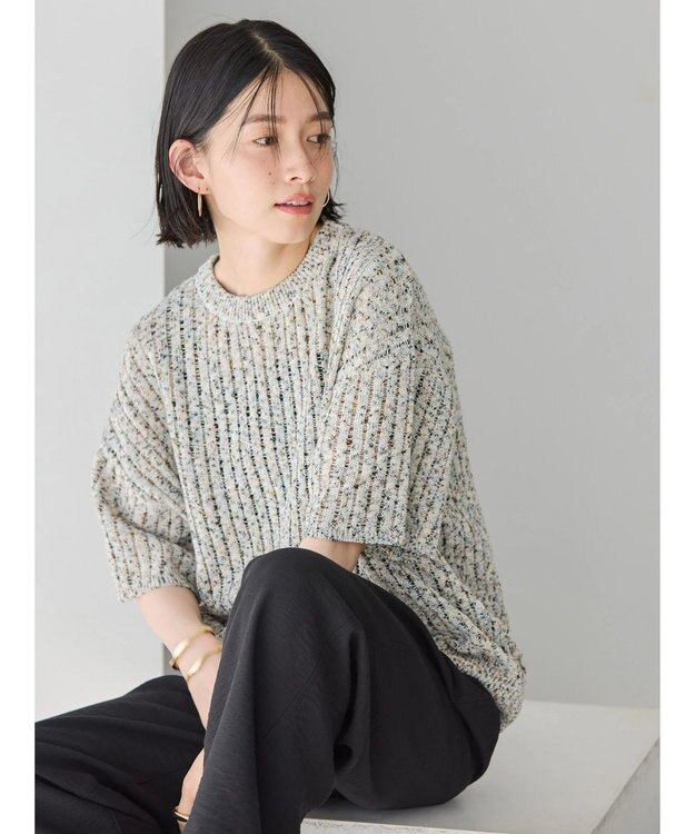 AMERICAN HOLIC カラーネップ透かし編みニットプルオーバー Black