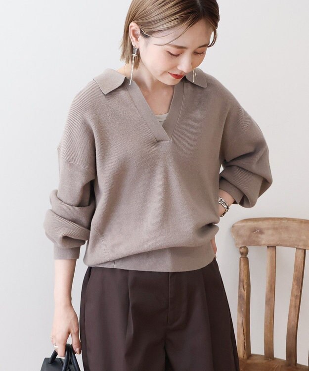 AMERICAN HOLIC バイパチ片畦衿付きニットプルオーバー Gray Beige