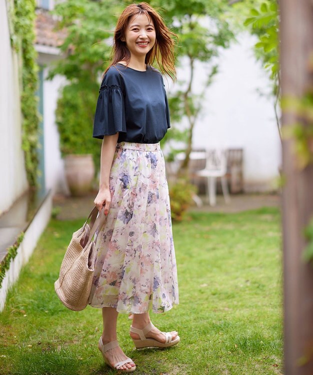 ANY SIS シルケットストライプ フレアスリーブ カットソー ネイビー