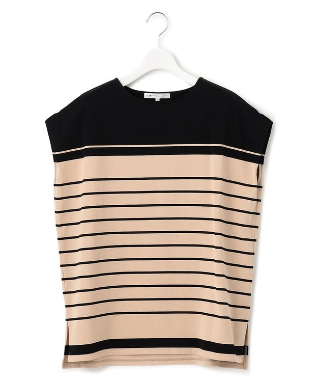 23区 【洗える】ランダムボーダー フレンチスリーブ カットソー ベージュ×ブラック