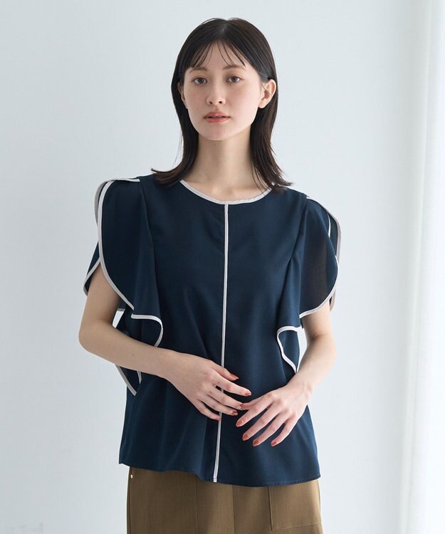 YECCA VECCA 配色ラッフルスリーブブラウス Navy