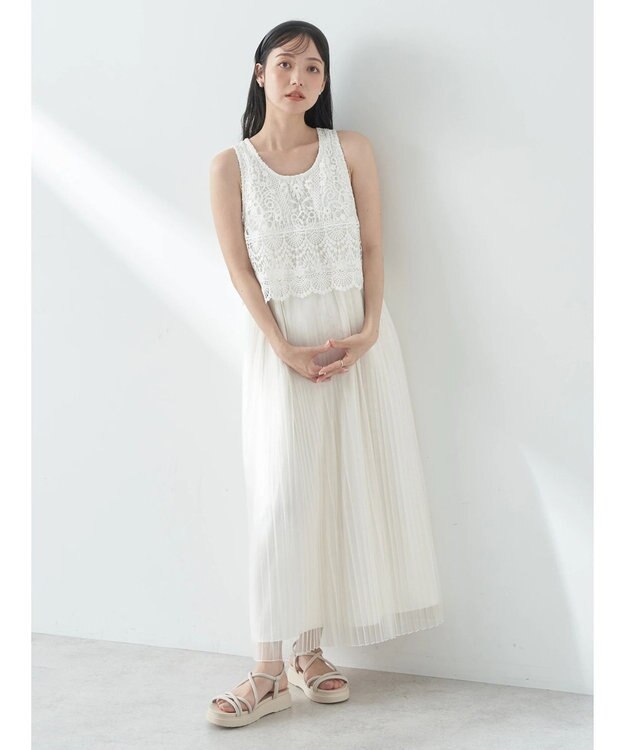 earth music&ecology レースチュールプリーツワンピース Off White