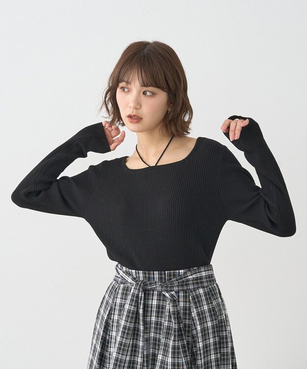 earth music&ecology 【洗濯機洗い可】スクエアホルターネックリブプルオーバー Black