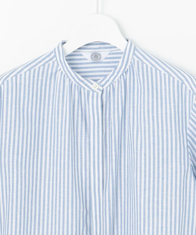 J.PRESS LADIES 【洗える・接触冷感・吸水速乾】麻STRIPE バンドカラー シャツ ブラウス サックスストライプ系