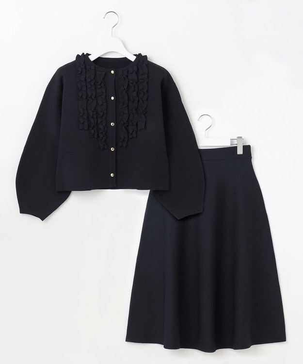 Feroux 【洗える】パフスリーブフリル ニットセットアップ ネイビー系