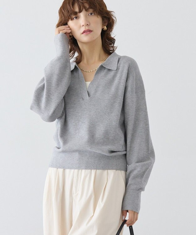 AMERICAN HOLIC バイパチ片畦衿付きニットプルオーバー Gray Mixture