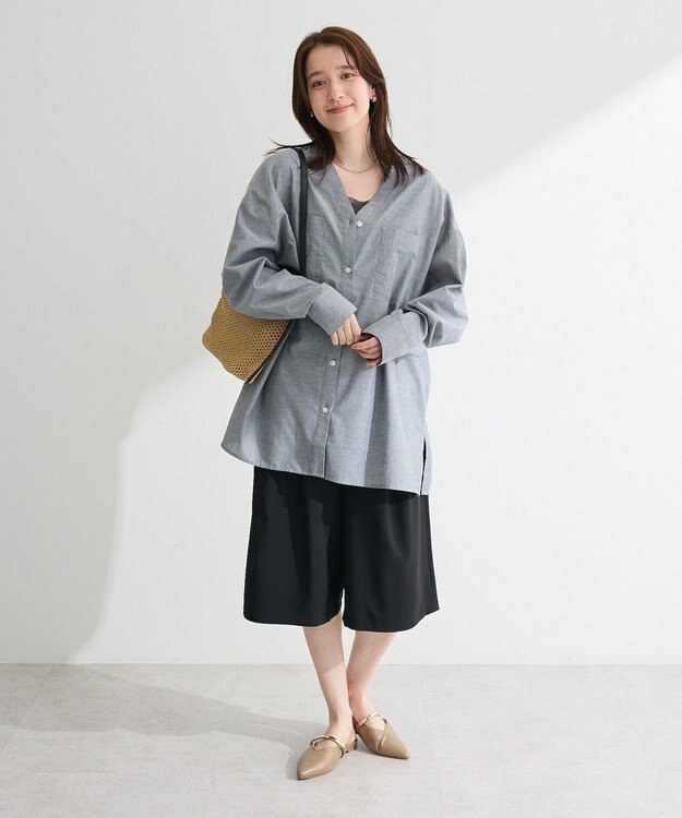 Green Parks 綿麻混Ｖネックオーバーサイズシャツ Gray