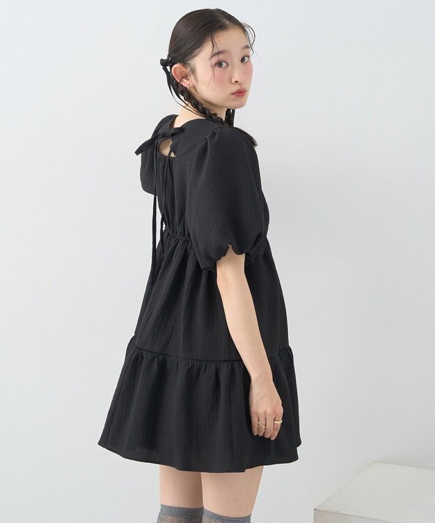 earth music&ecology バックリボンパフスリーブミニワンピース Black