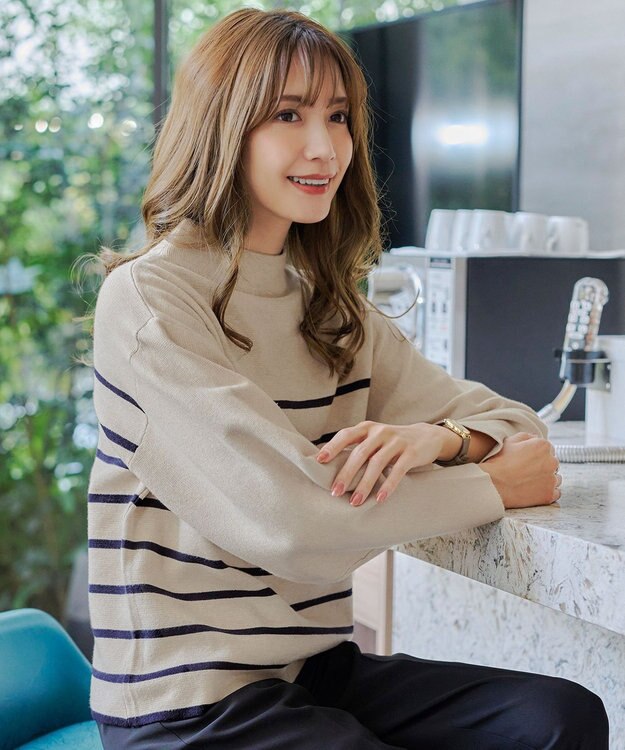 Tiaclasse 【洗える】モックネックジャガードニットプルオーバー ボーダー