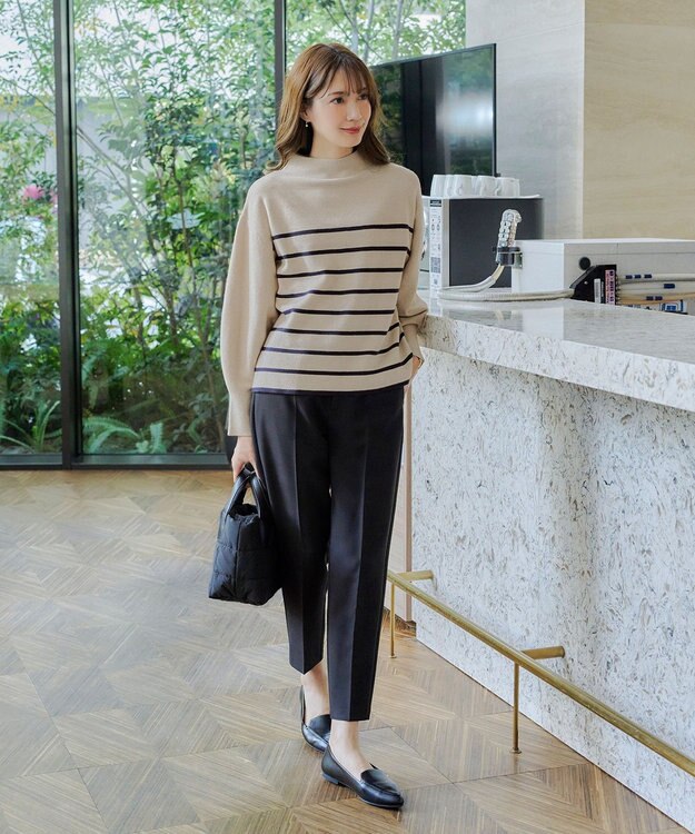 Tiaclasse 【洗える】モックネックジャガードニットプルオーバー ボーダー