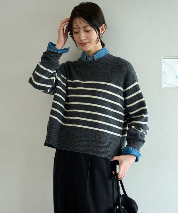 UNFILO カシミヤブレンド クルーネックニット チャコールボーダー