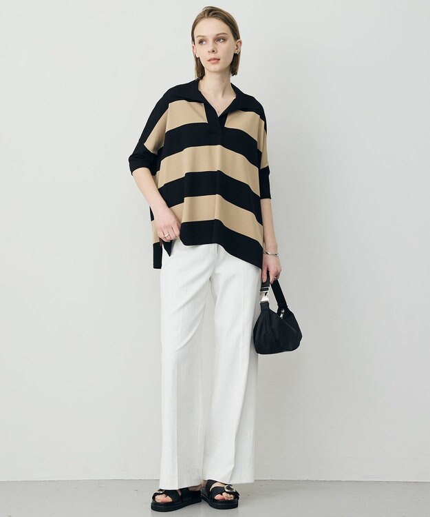 ICB 【先行予約】VIS/NYハイゲージ 半袖ボーダーポロニット ベージュ×ブラックボーダー