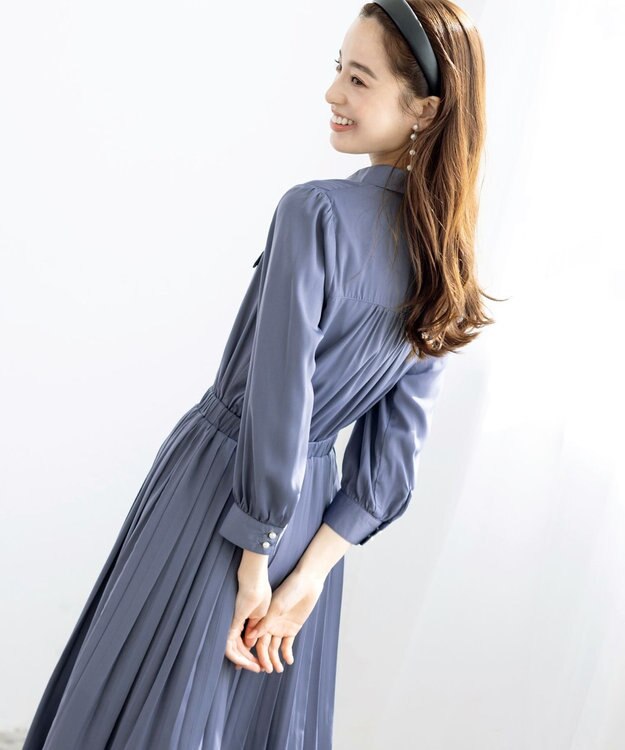 Tiaclasse 【洗える】ヴィンテージサテンシャツワンピース ブルー