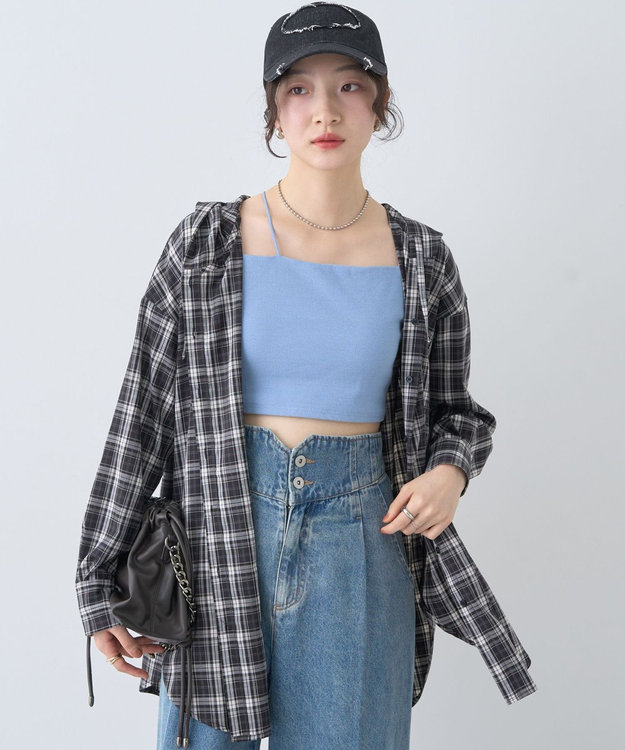 earth music&ecology フーディーチェックシャツ Black