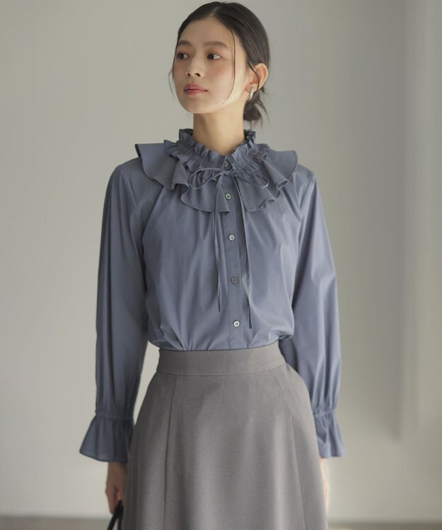 組曲 【2WAY】エアリーシャーティングフリル襟 ブラウス ユーズドブルー系