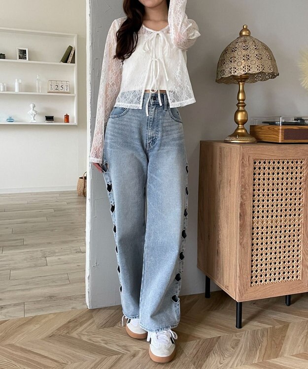 WEGO 【MLサイズ展開】ハートサイドラインストレートパンツ デニム淡色