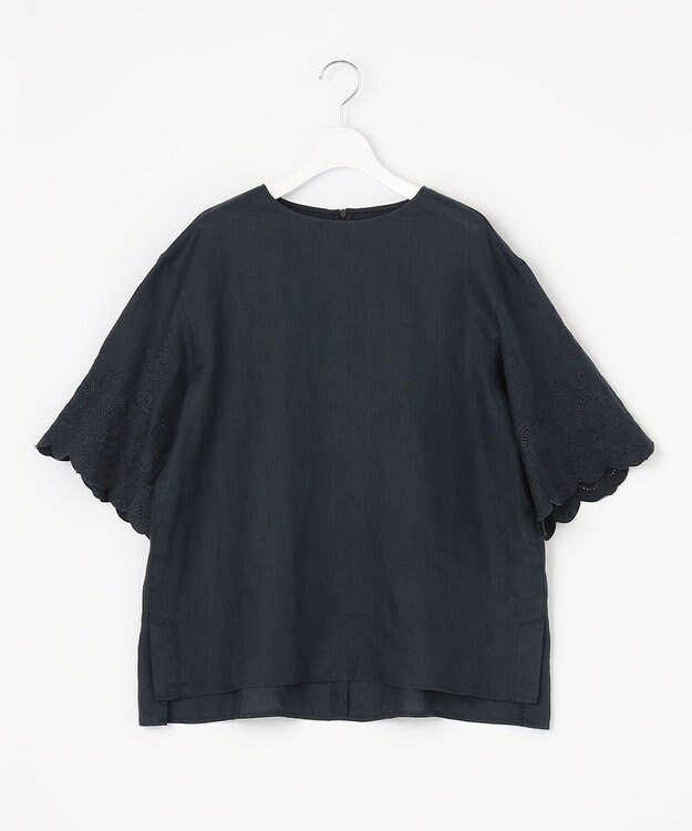自由区 【XSサイズ～/洗える/セット可】エンブロイダリーリネンフレア袖 ブラウス ネイビー系