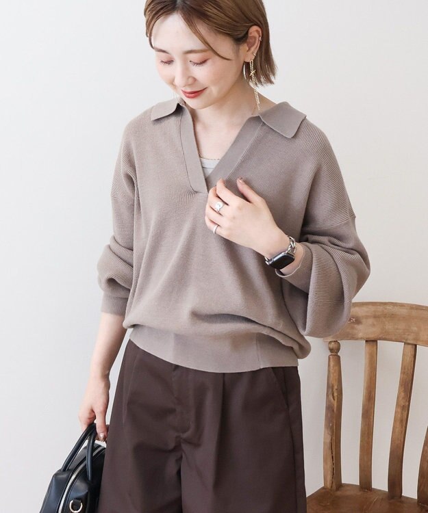 AMERICAN HOLIC バイパチ片畦衿付きニットプルオーバー Gray Beige