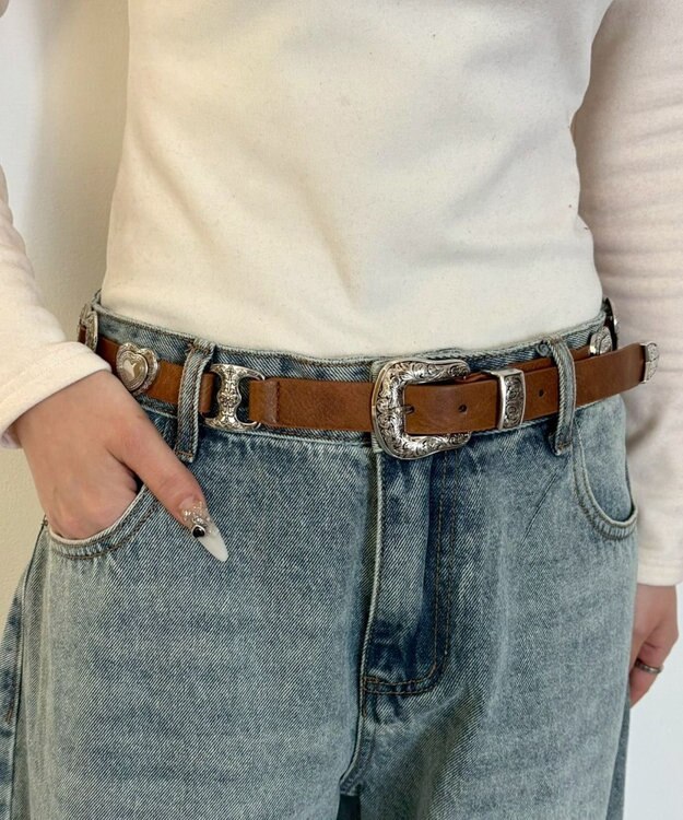 WEGO Lハートコンチョデザインベルト ブラウン