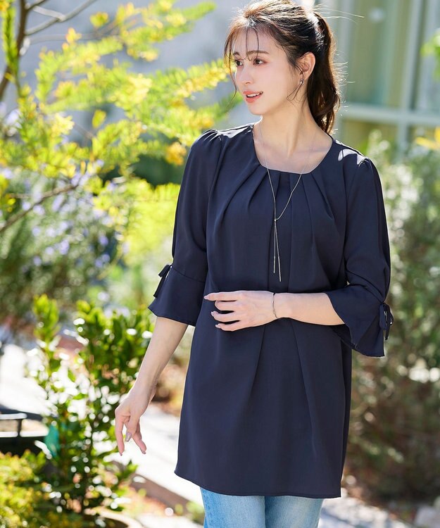 Tiaclasse L 【洗える】リボン付きタックスリーブチュニックブラウス ネイビー