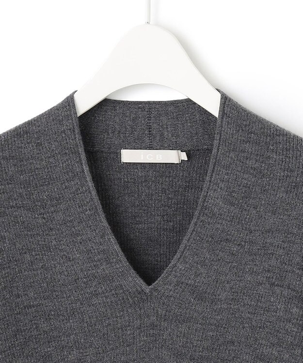 ICB 【洗える】エクストラファインメリノリブ Vネックニット ミディアムグレー系