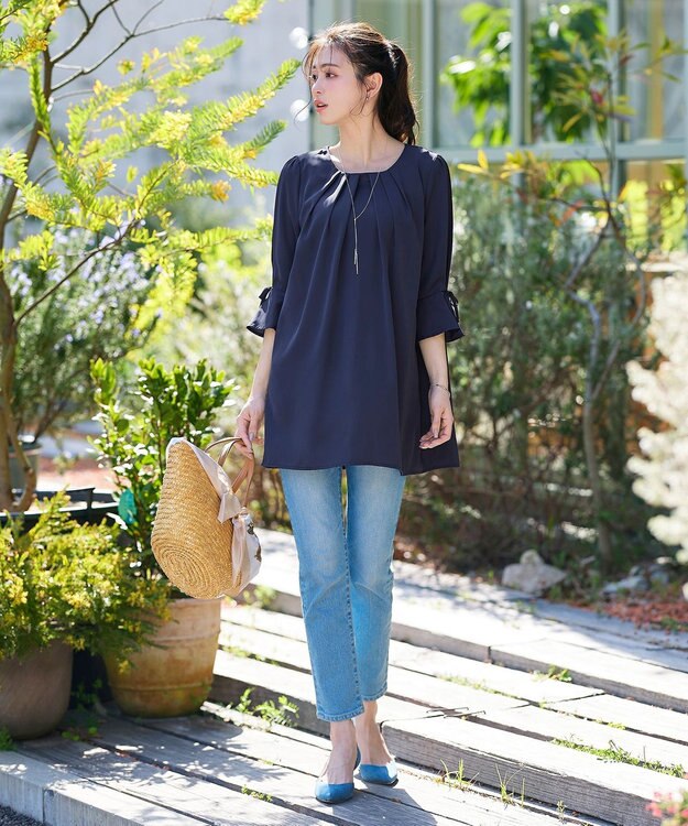 Tiaclasse L 【洗える】リボン付きタックスリーブチュニックブラウス ネイビー