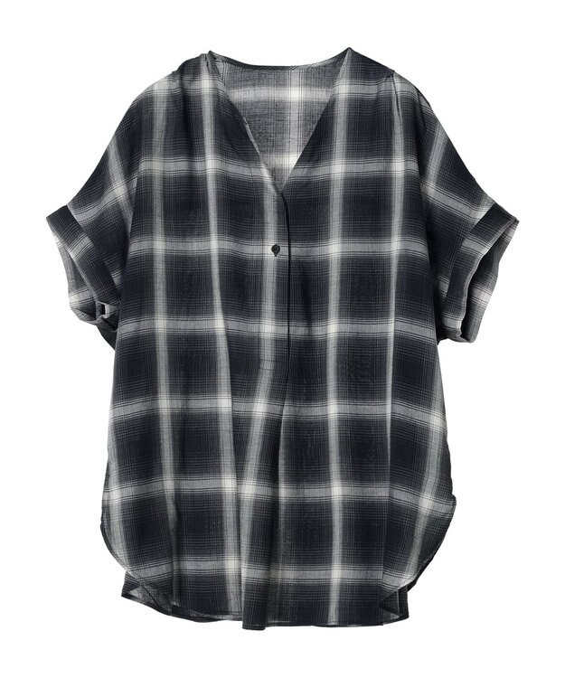 Green Parks リネンレーヨン前立てブラウス Check