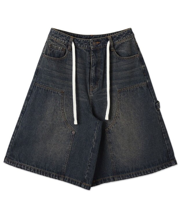 WEGO ウエストドロストダブルニーバギーハーフパンツ デニム中濃加工色