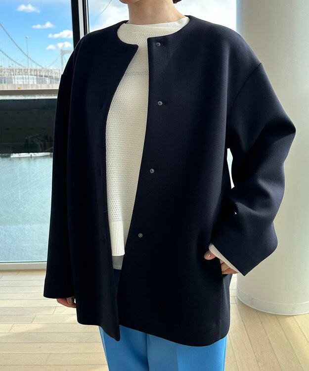 UNFILO 【洗える/シワになりにくい】ダブルフェイスジャージー　ノーカラー ネイビー