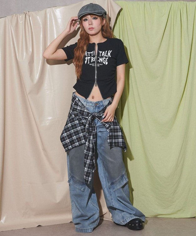 WEGO グラフィックロゴWジップSSトップス ブラック