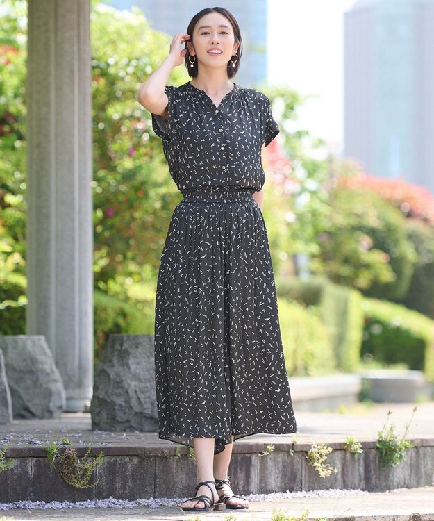 自由区 L 【ウエストゴム・長さ調整可・洗える】ビンテージサテンプリント柄 ガウチョパンツ ブラック系5