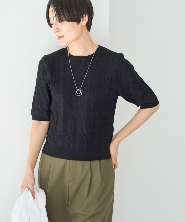 AMERICAN HOLIC ケーブル５分袖ニットプルオーバー Black