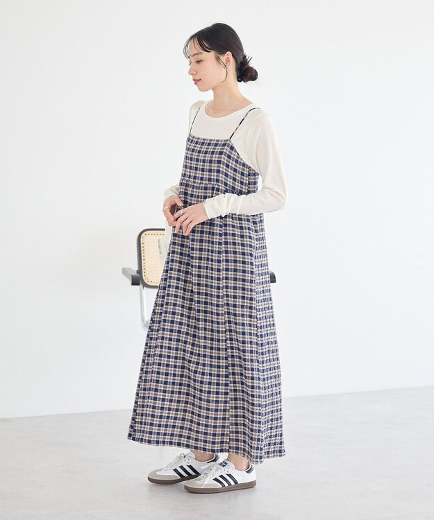 earth music&ecology シャーリングラメチェックキャミワンピース Navy