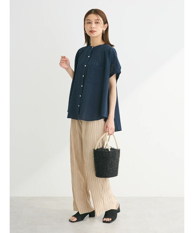 Green Parks インド綿  バンドカラーデザイン５分袖シャツ Dark Navy