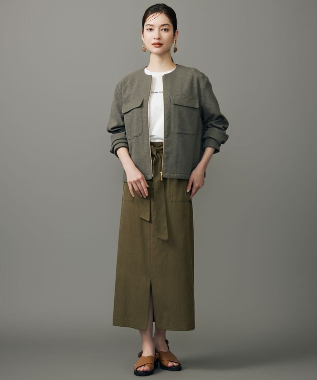 自由区 L 【17号サイズまで展開】ライトブッチャーノーカラー ブルゾン カーキ