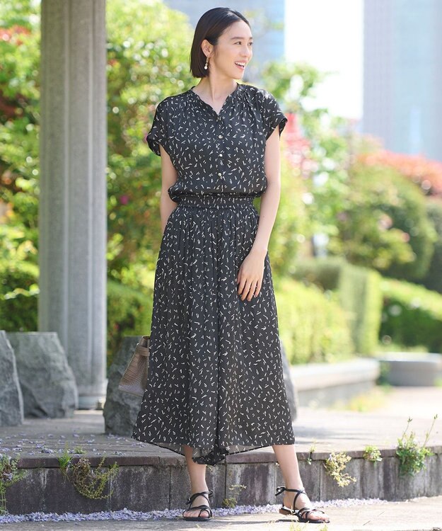 自由区 L 【ウエストゴム・長さ調整可・洗える】ビンテージサテンプリント柄 ガウチョパンツ ブラック系5