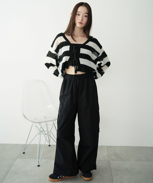 WEGO 【25年秋冬新作】モヘアタッチ2WAYリボンカーデ ホワイトボーダー