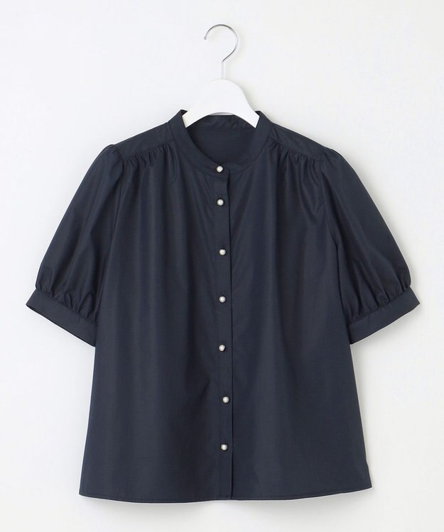 Feroux 【洗える】バンドカラーパールボタン ブラウス ネイビー系