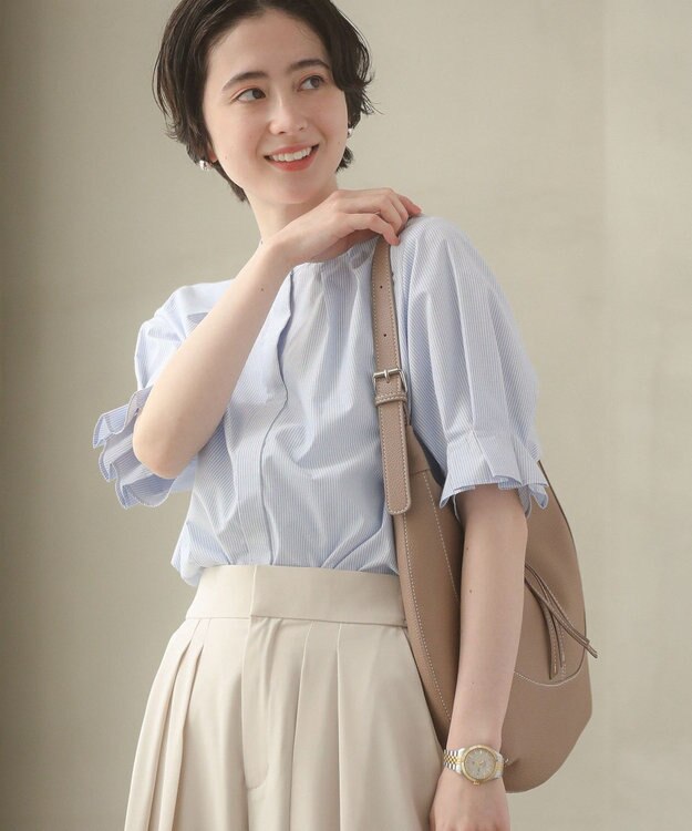 Green Parks タックショートスリーブブラウス Stripe