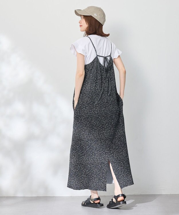 ANY 【2SET/洗濯機可】フリルスリーブTシャツ×シャーリングキャミワンピースセット ブラックベース