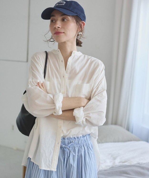 WEGO 着丈が選べる オーバーサイズ バンドカラー シャツ / ストライプ / 無地 オフホワイト