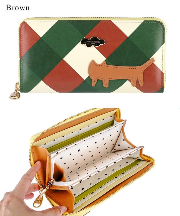 tsumori chisato CARRY くもネコチェック 財布 ラウンドファスナー長財布 ブラウン