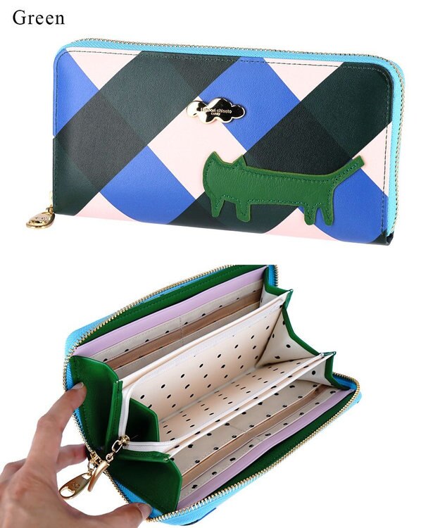 tsumori chisato CARRY くもネコチェック 財布 ラウンドファスナー長財布 グリーン
