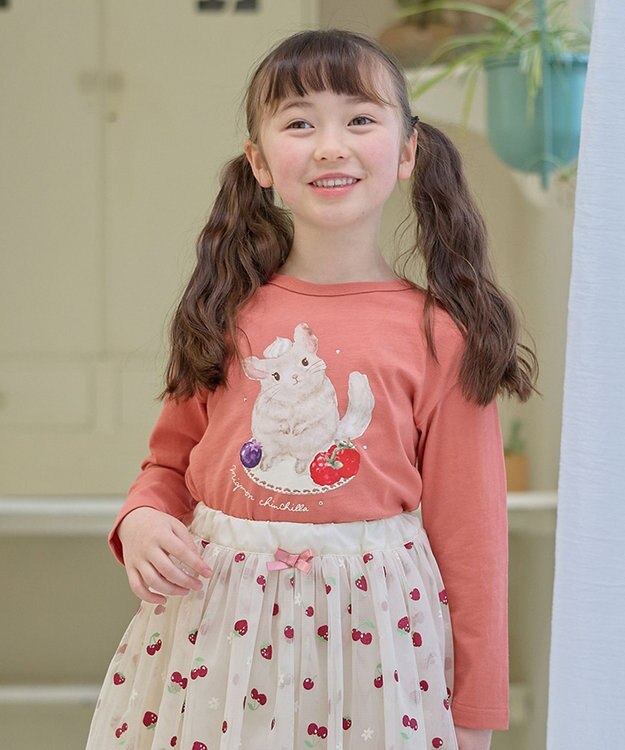 ANY KIDS アニマル×フルーツ 長袖 Tシャツ コーラル×チンチラ