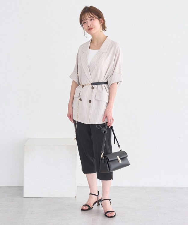 earth music&ecology 【セットアップ対応】リネンライクダブルジャケット Stripe Ivory