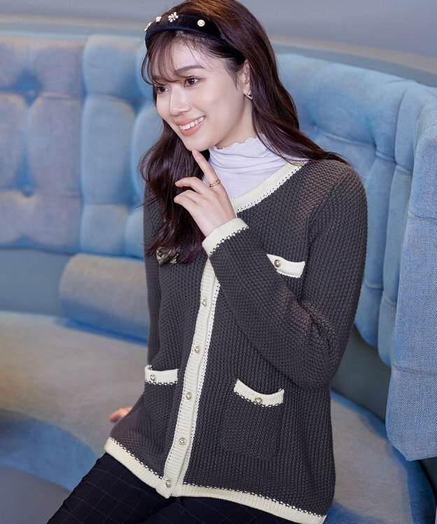 Tiaclasse 【洗える】ミドル丈配色ノーカラーニットジャケット チャコールグレー