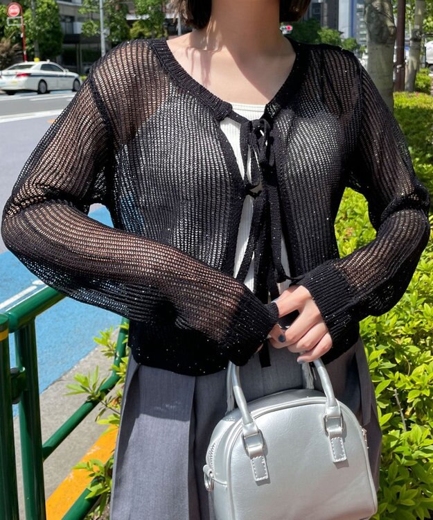 WEGO スパンコールメッシュニットカーデ ブラック